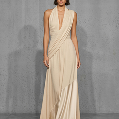 Nude satin evening dress by My Store featuring a sleek, fitted design and elegant fabric for formal occasions.
