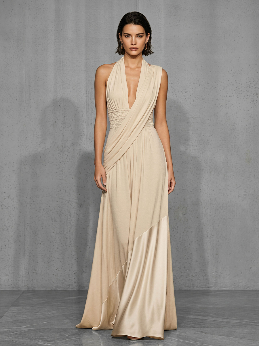 Nude satin evening dress by My Store featuring a sleek, fitted design and elegant fabric for formal occasions.