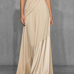Nude satin evening dress by My Store, showcasing a sleek, elegant design with smooth fabric and a fitted silhouette.