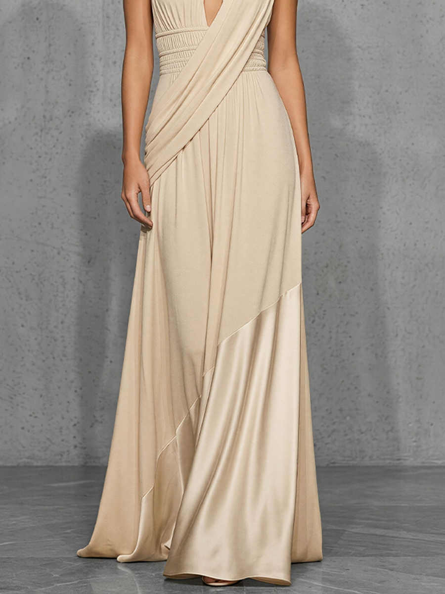 Nude satin evening dress by My Store, showcasing a sleek, elegant design with smooth fabric and a fitted silhouette.