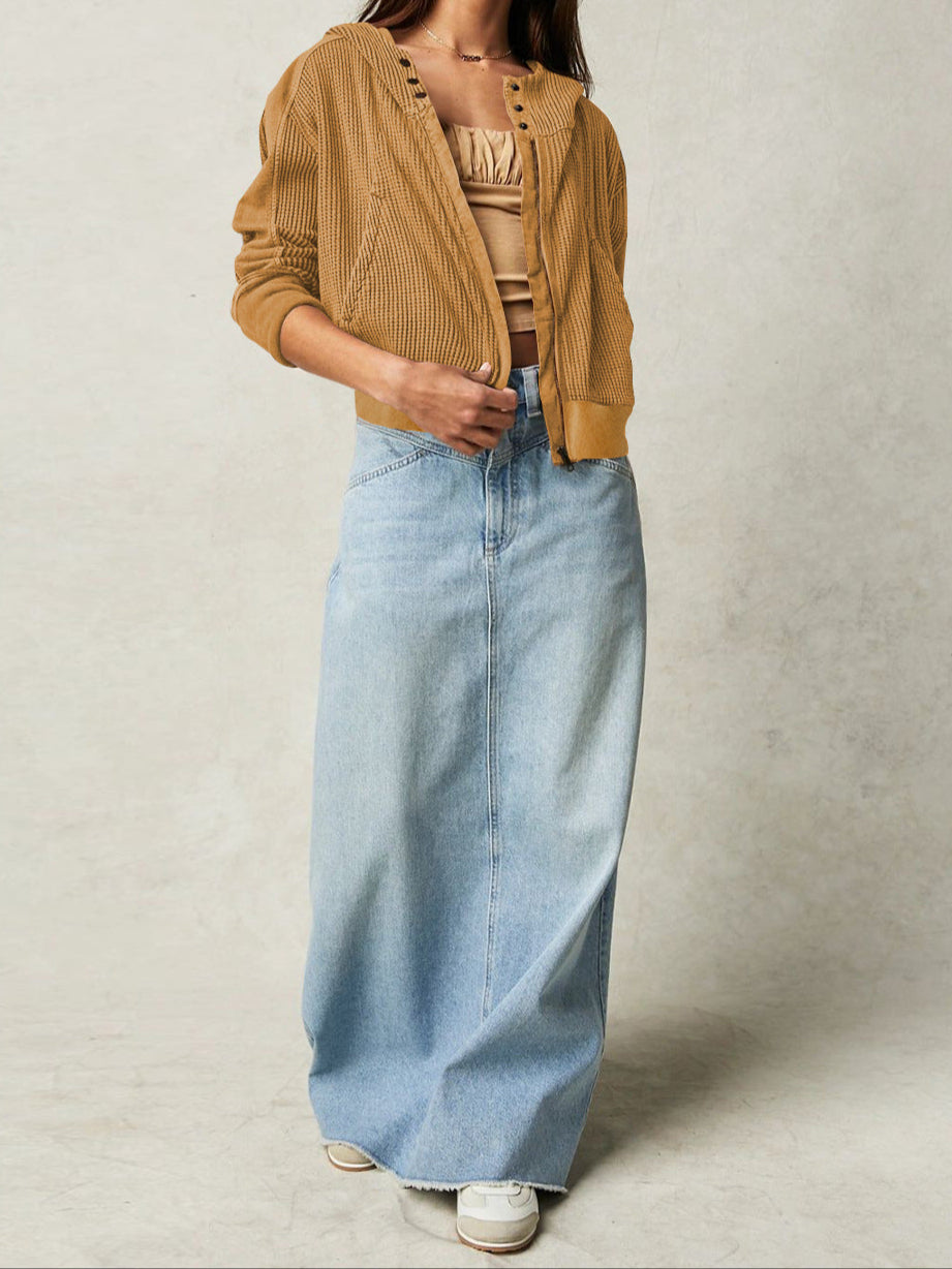 Cropped Waffle Hoodie Women Cotton Zip Front Hooded