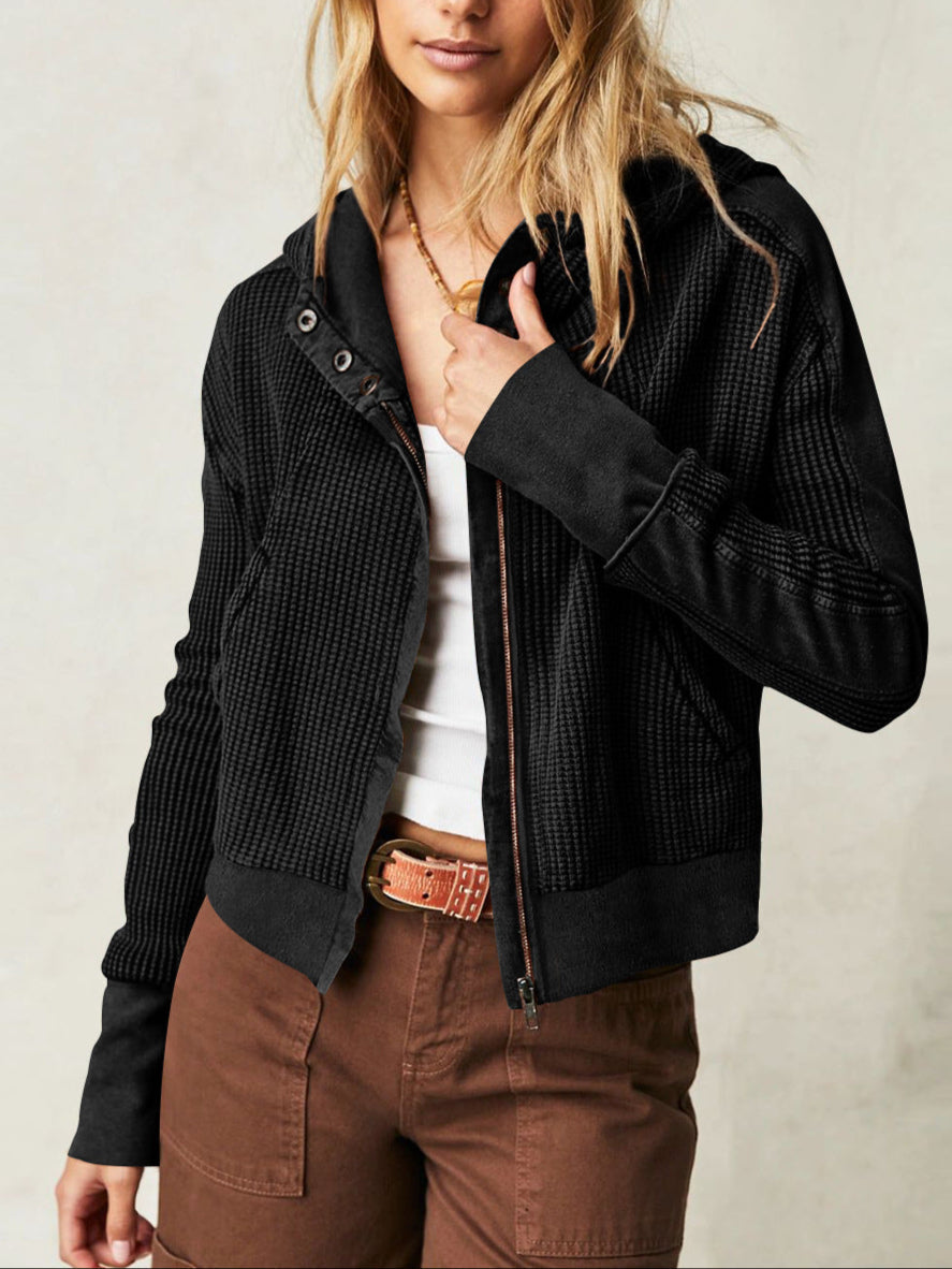 Cropped Waffle Hoodie Women Cotton Zip Front Hooded