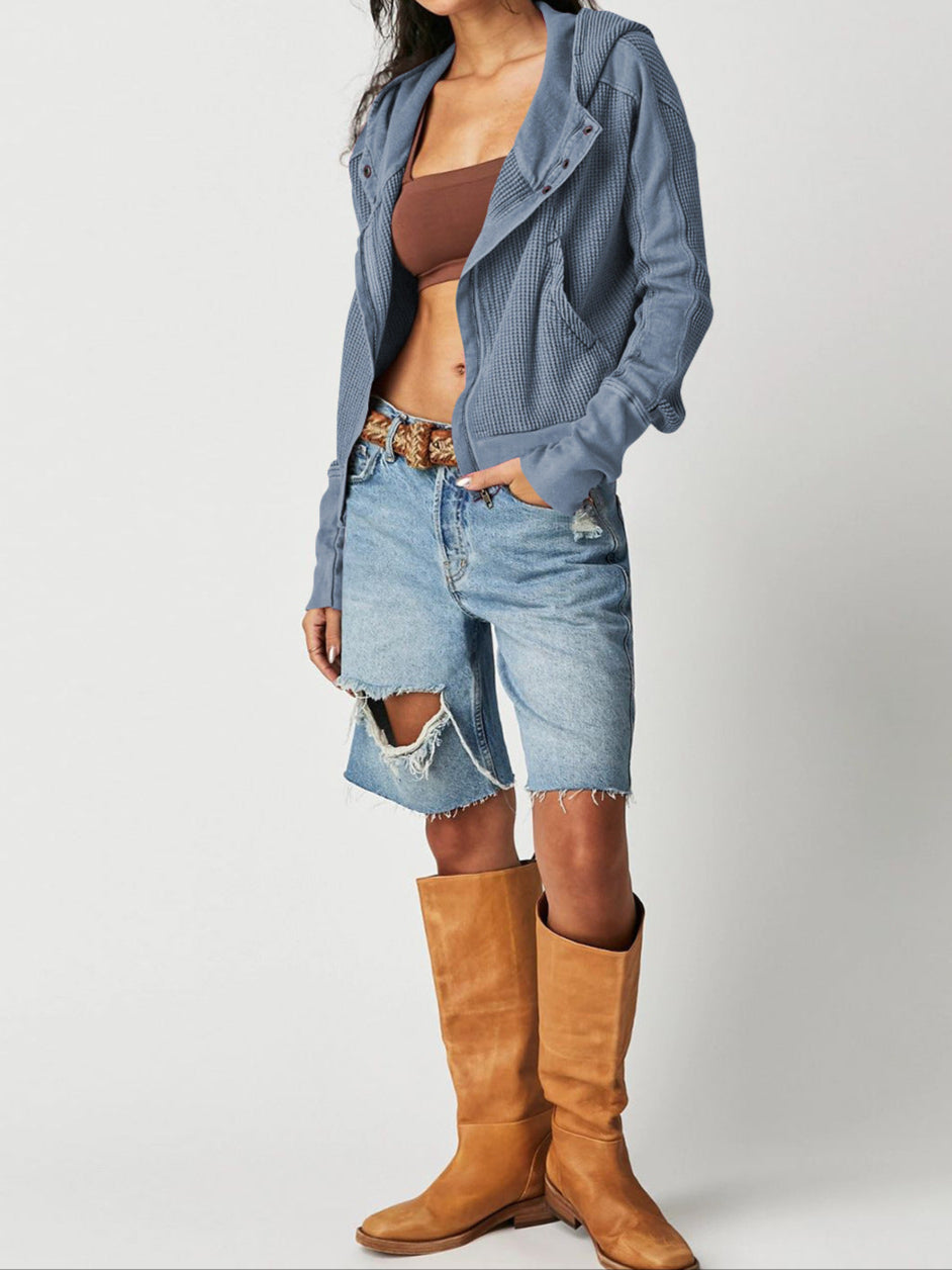 Cropped Waffle Hoodie Women Cotton Zip Front Hooded