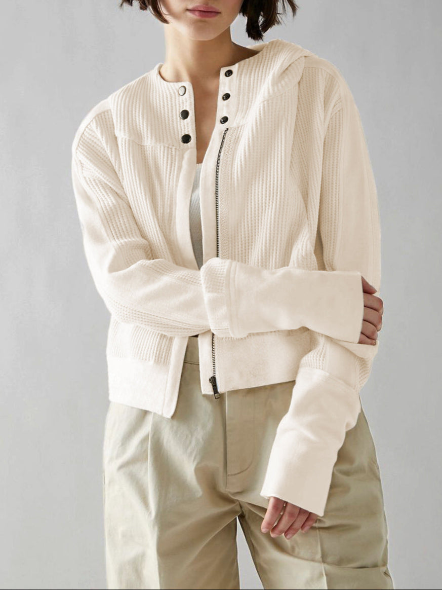 Cropped Waffle Hoodie Women Cotton Zip Front Hooded