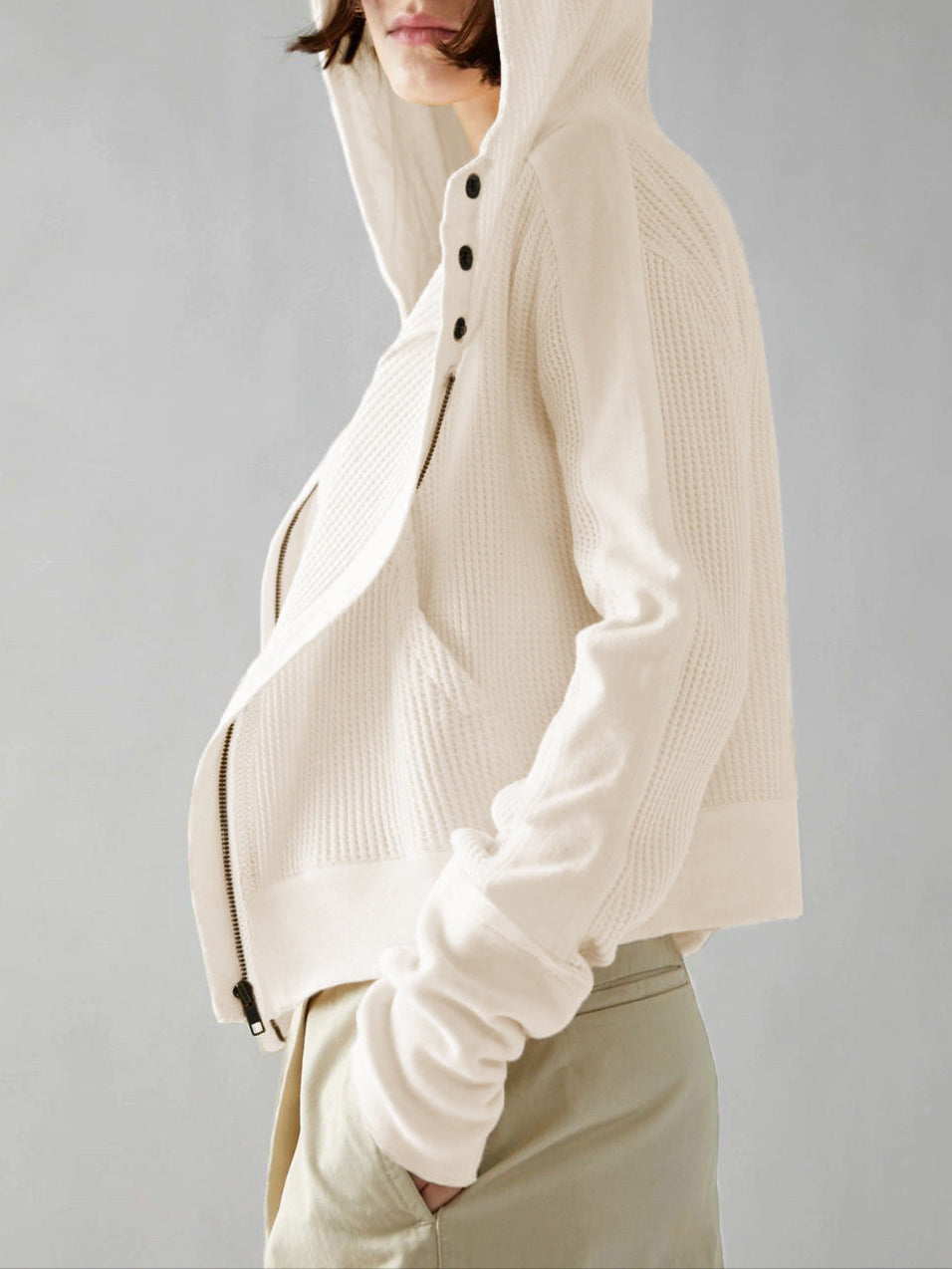 Cropped Waffle Hoodie Women Cotton Zip Front Hooded