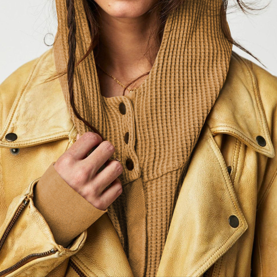 Cropped Waffle Hoodie Women Cotton Zip Front Hooded