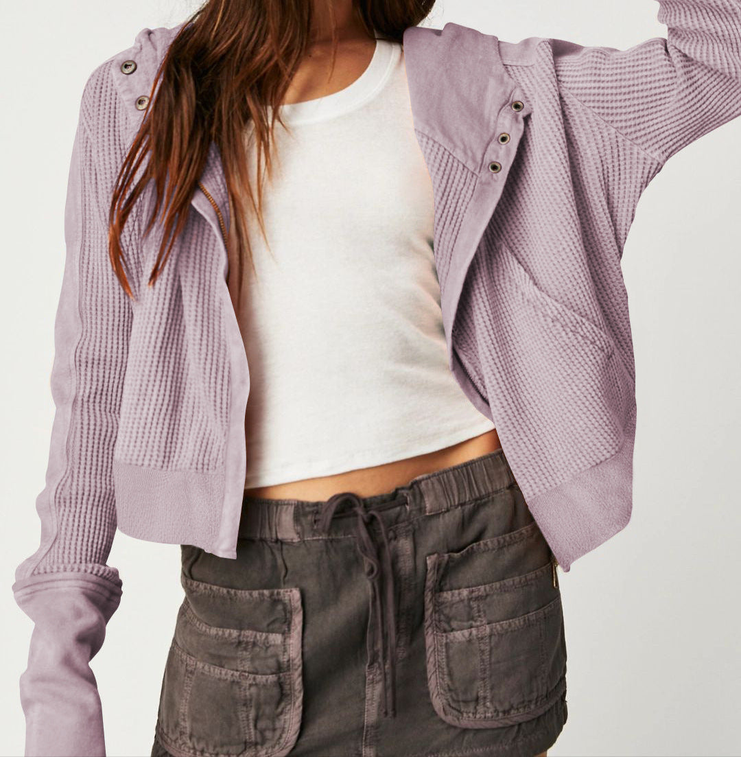 Cropped Waffle Hoodie Women Cotton Zip Front Hooded