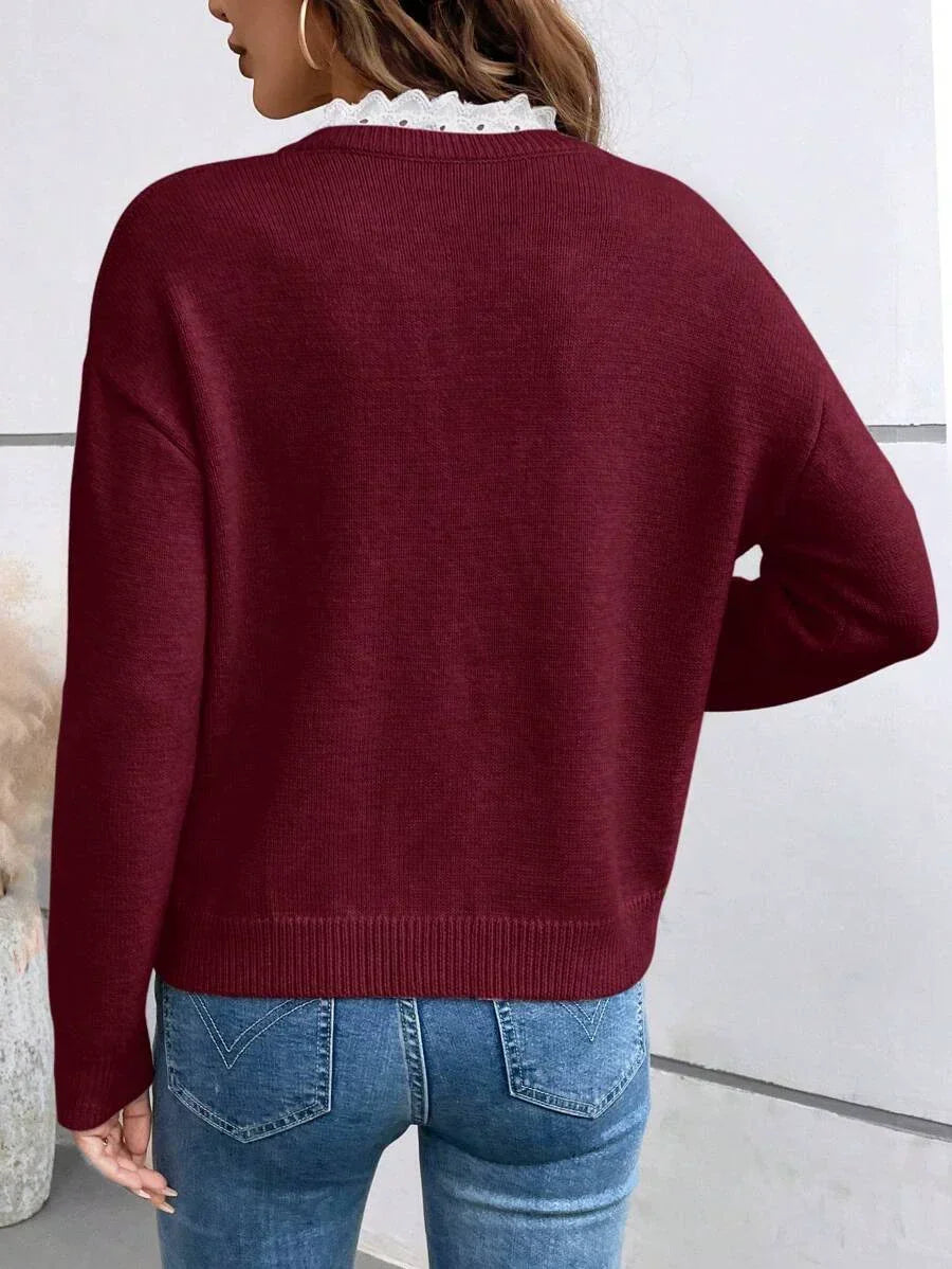 Lace Trim Blouse Women French Collar Long Sleeve