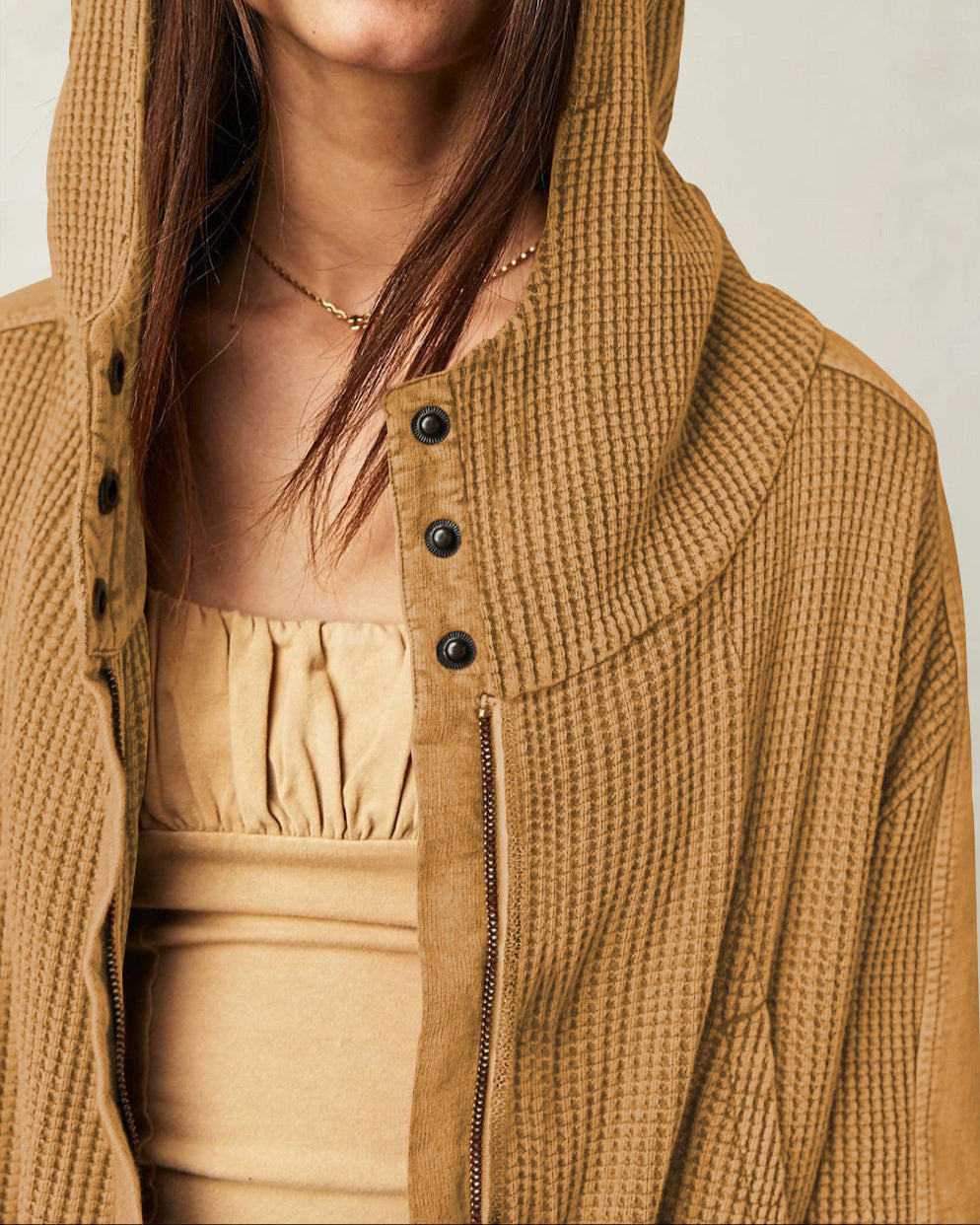 Cropped Waffle Hoodie Women Cotton Zip Front Hooded