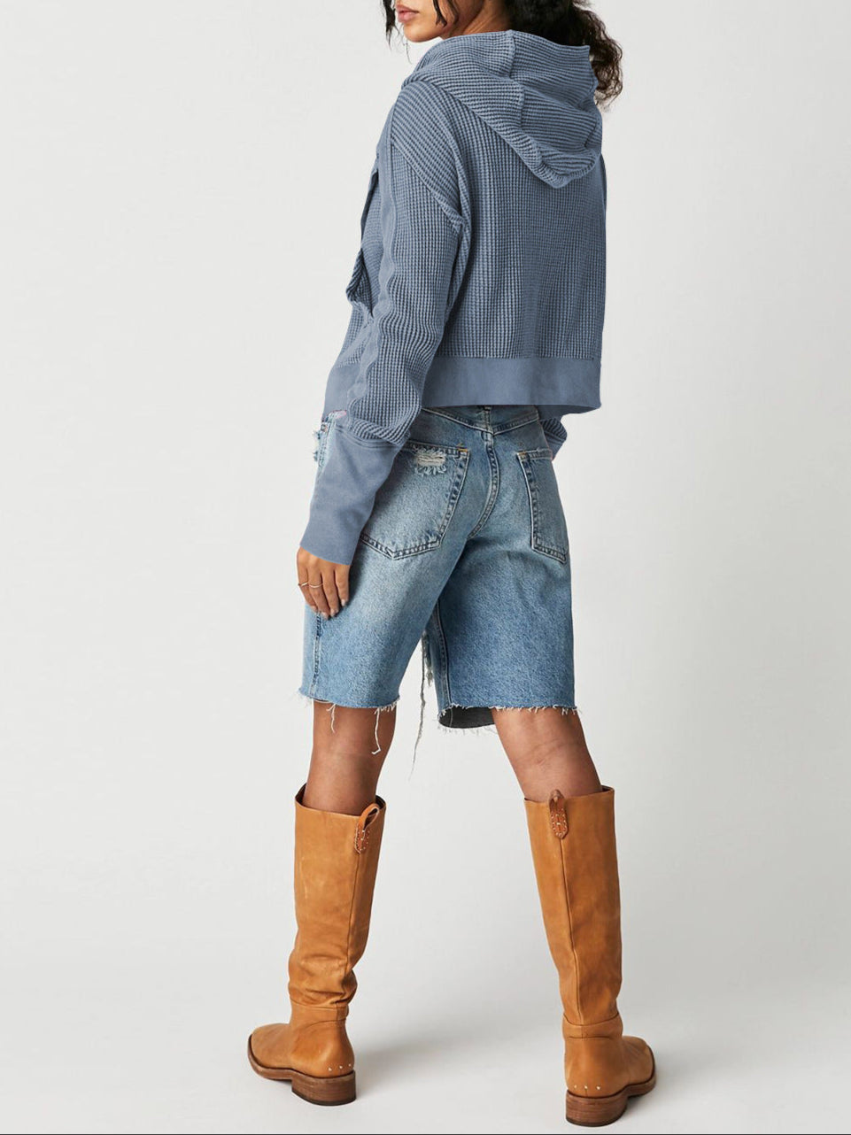Cropped Waffle Hoodie Women Cotton Zip Front Hooded