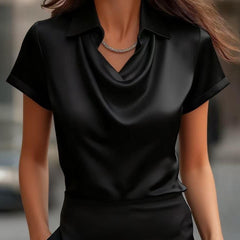 Light blue summer women's blouse with a cowl neck and short sleeves, stylish top from My Store.