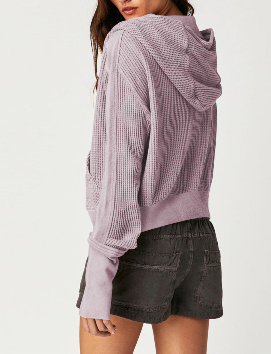 Cropped Waffle Hoodie Women Cotton Zip Front Hooded