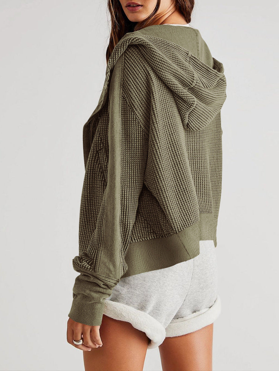 Cropped Waffle Hoodie Women Cotton Zip Front Hooded