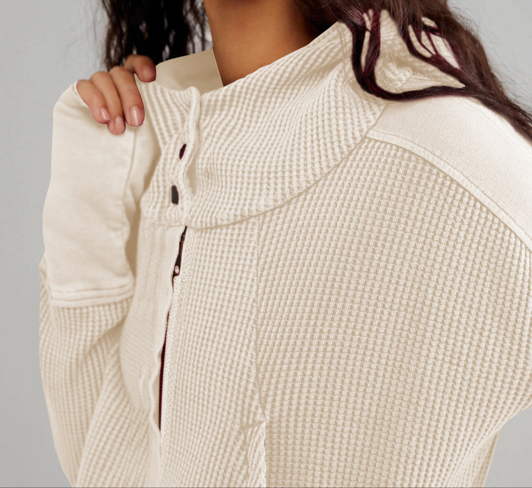 Cropped Waffle Hoodie Women Cotton Zip Front Hooded
