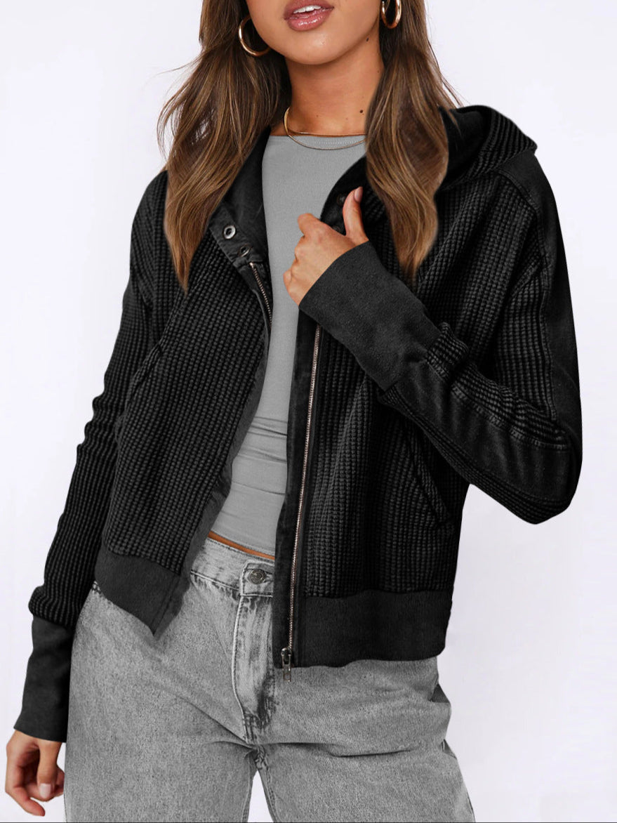 Cropped Waffle Hoodie Women Cotton Zip Front Hooded