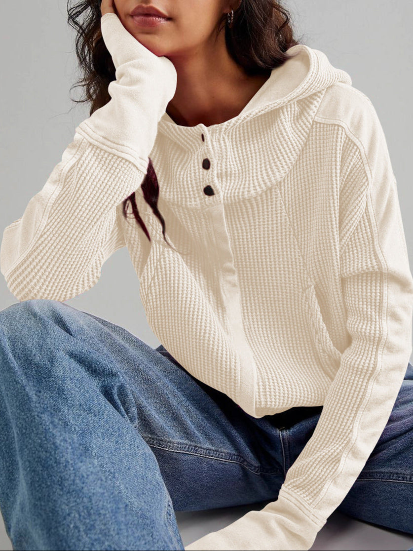 Cropped Waffle Hoodie Women Cotton Zip Front Hooded