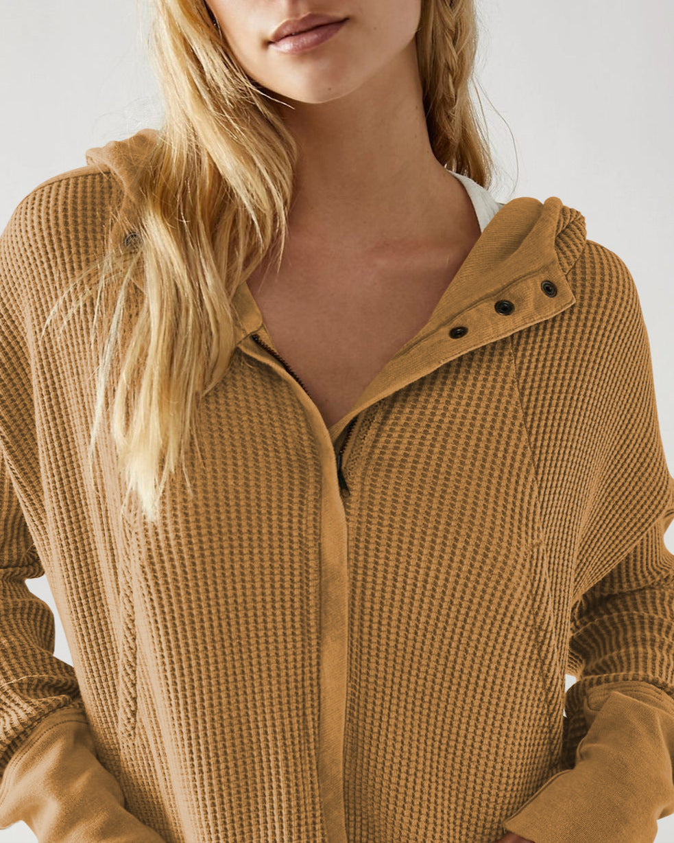 Cropped Waffle Hoodie Women Cotton Zip Front Hooded