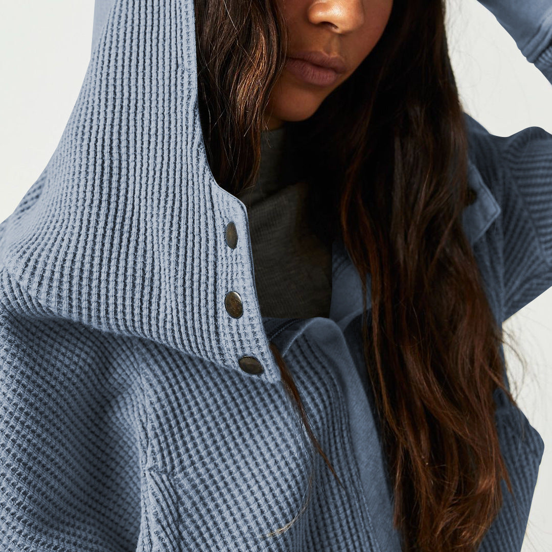 Cropped Waffle Hoodie Women Cotton Zip Front Hooded