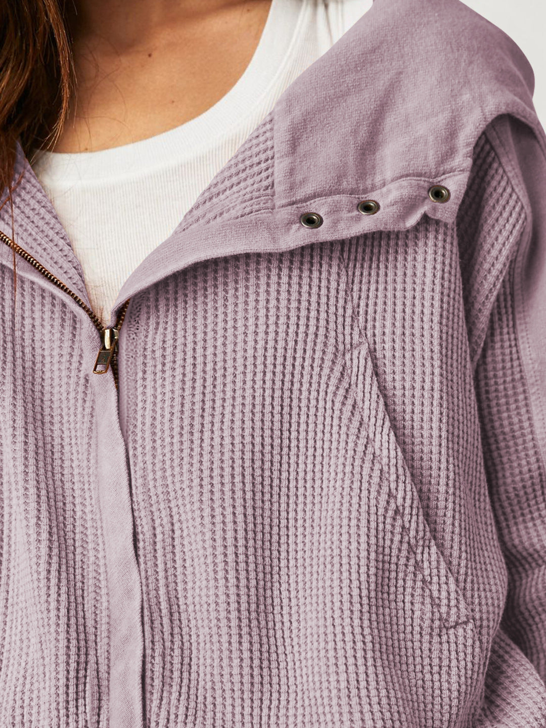 Cropped Waffle Hoodie Women Cotton Zip Front Hooded