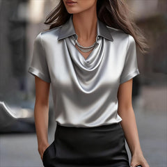 Light beige summer blouse for women with a cowl neck and short sleeves, stylish top from My Store.