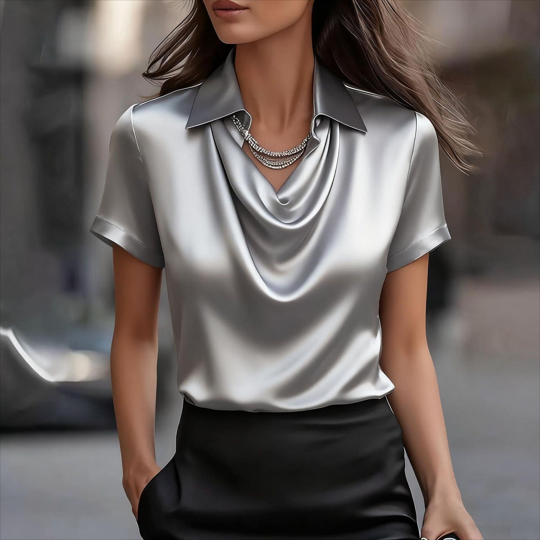 Light beige summer blouse for women with a cowl neck and short sleeves, stylish top from My Store.