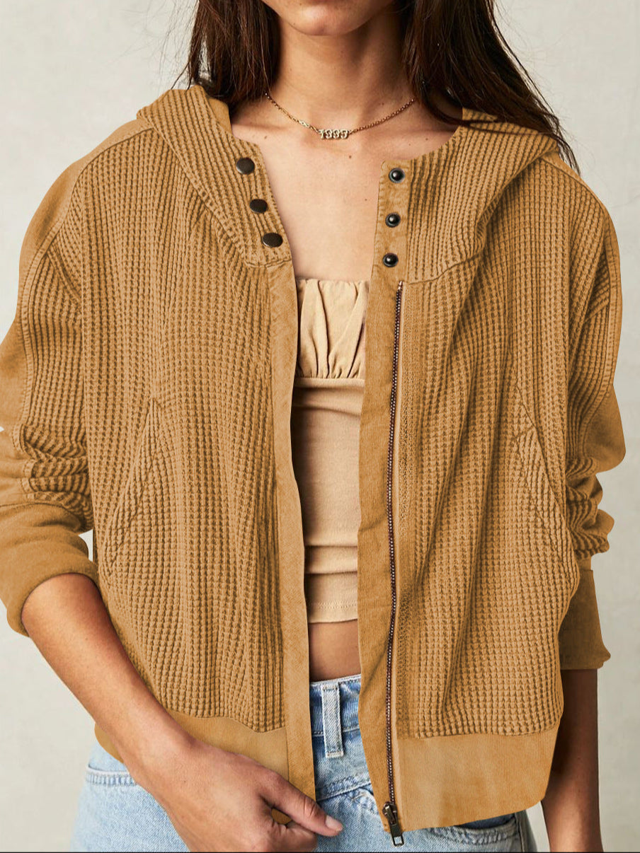 Cropped Waffle Hoodie Women Cotton Zip Front Hooded