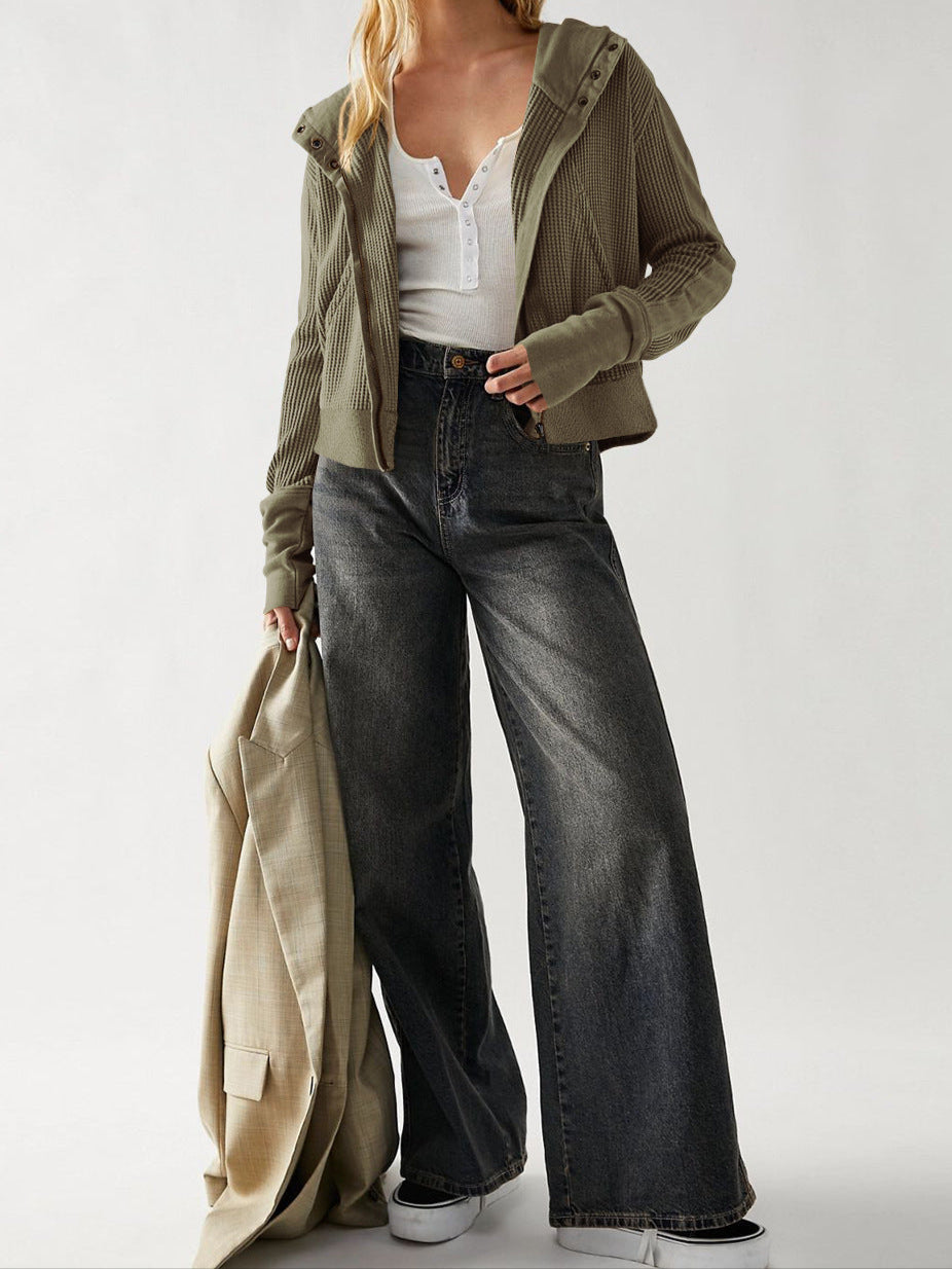 Cropped Waffle Hoodie Women Cotton Zip Front Hooded
