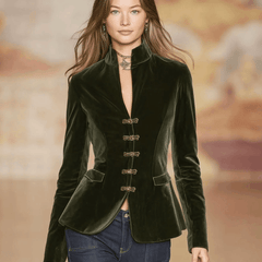Dark green velvet blazer for women with gold buttons, stylish jacket from My Store featuring a tailored fit and luxurious fabric.