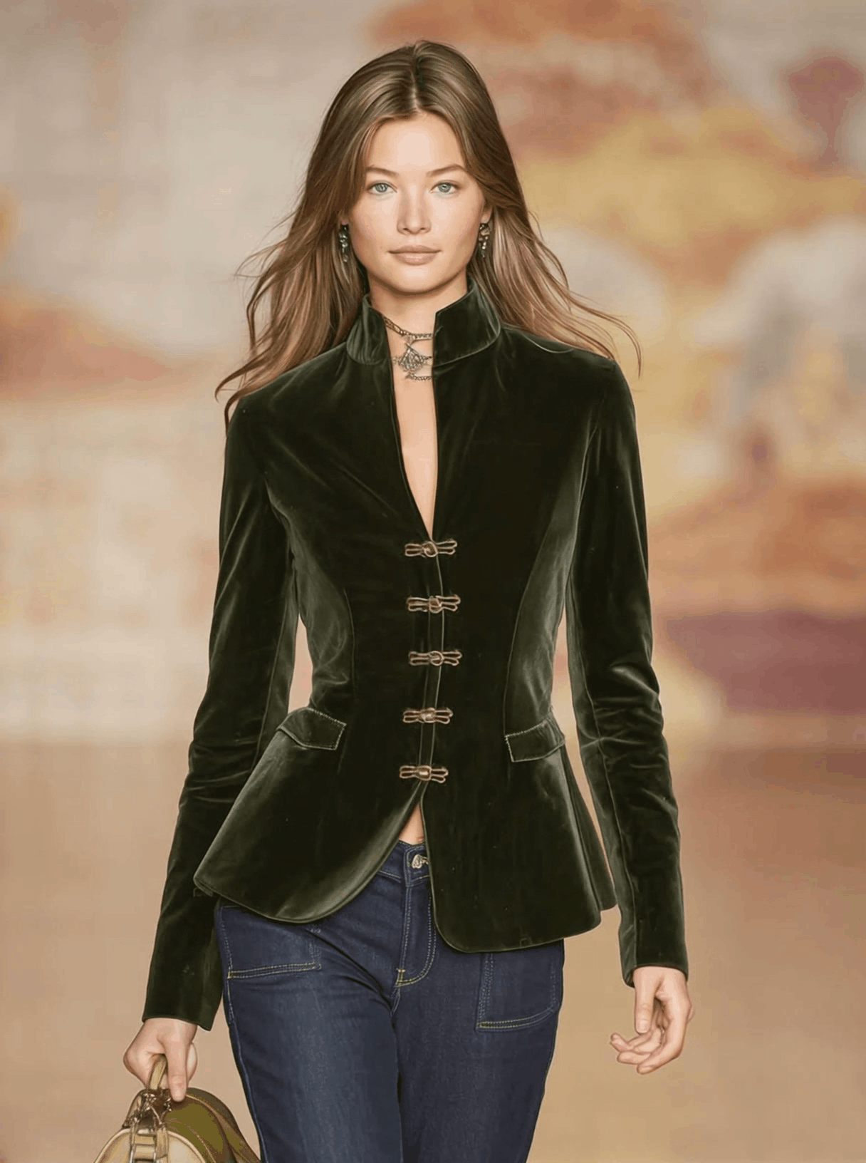 Dark green velvet blazer for women with gold buttons, stylish jacket from My Store featuring a tailored fit and luxurious fabric.