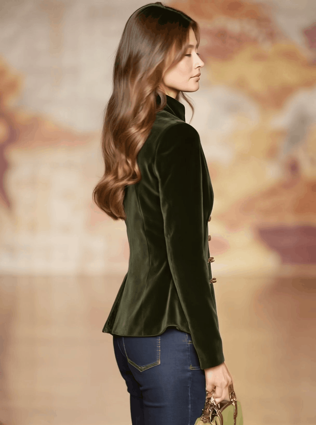 Dark green velvet blazer for women with gold button details, stylish jacket from My Store's Jackets & Blazers collection.