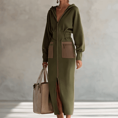 Green long sleeve maxi dress from My Store, elegant evening dress with flowing fabric and fitted waist, perfect for formal events.
