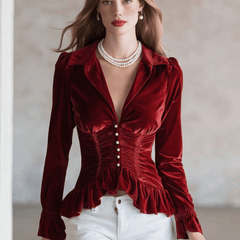 Red velvet pleated ruffled long sleeve blouse from My Store, featuring a stylish design with ruffles and pleats.