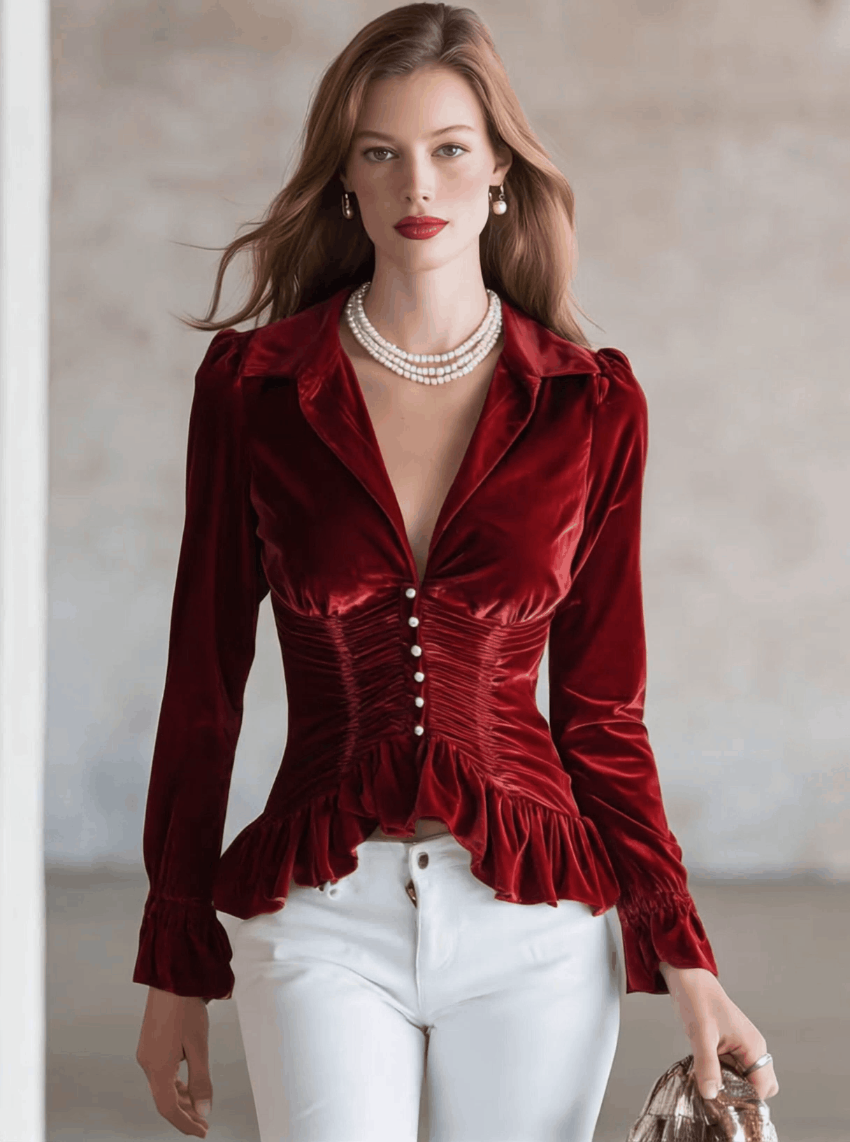 Red velvet pleated ruffled long sleeve blouse from My Store, featuring a stylish design with ruffles and pleats.