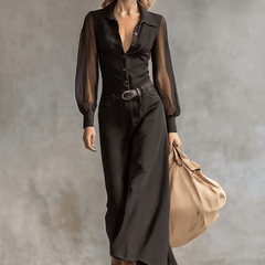 Black denim V-neck maxi dress by My Store, casual dress with flowing silhouette and sleeveless design, full-length view.
