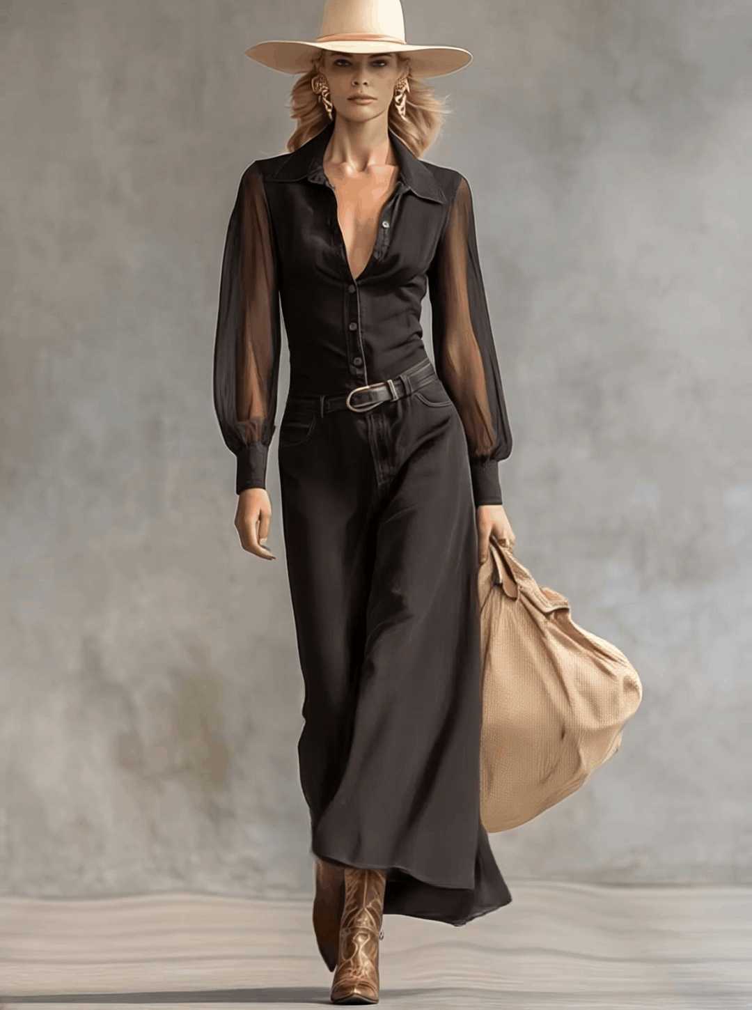 Black denim V-neck maxi dress by My Store, casual dress with flowing silhouette and sleeveless design, full-length view.