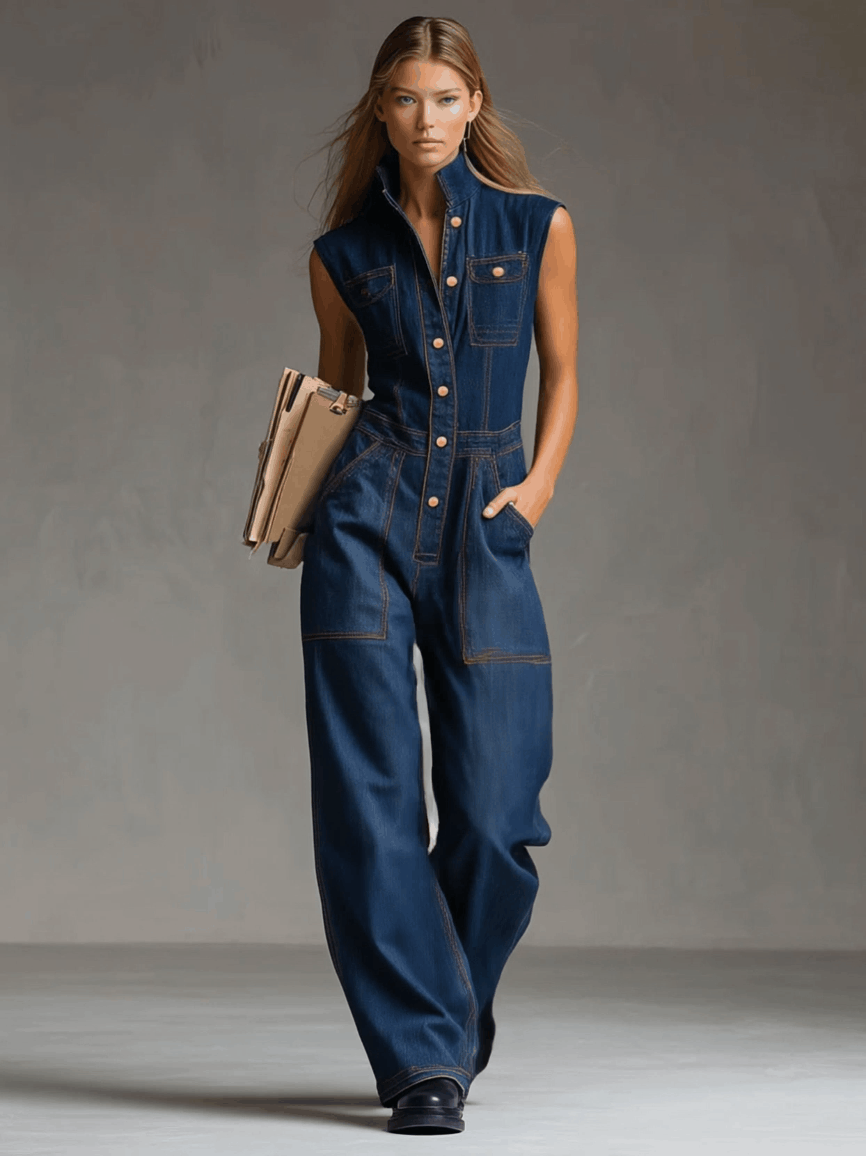 Dark blue denim sleeveless balloon jumpsuit with multiple pockets for women, featuring a relaxed fit and stylish design.