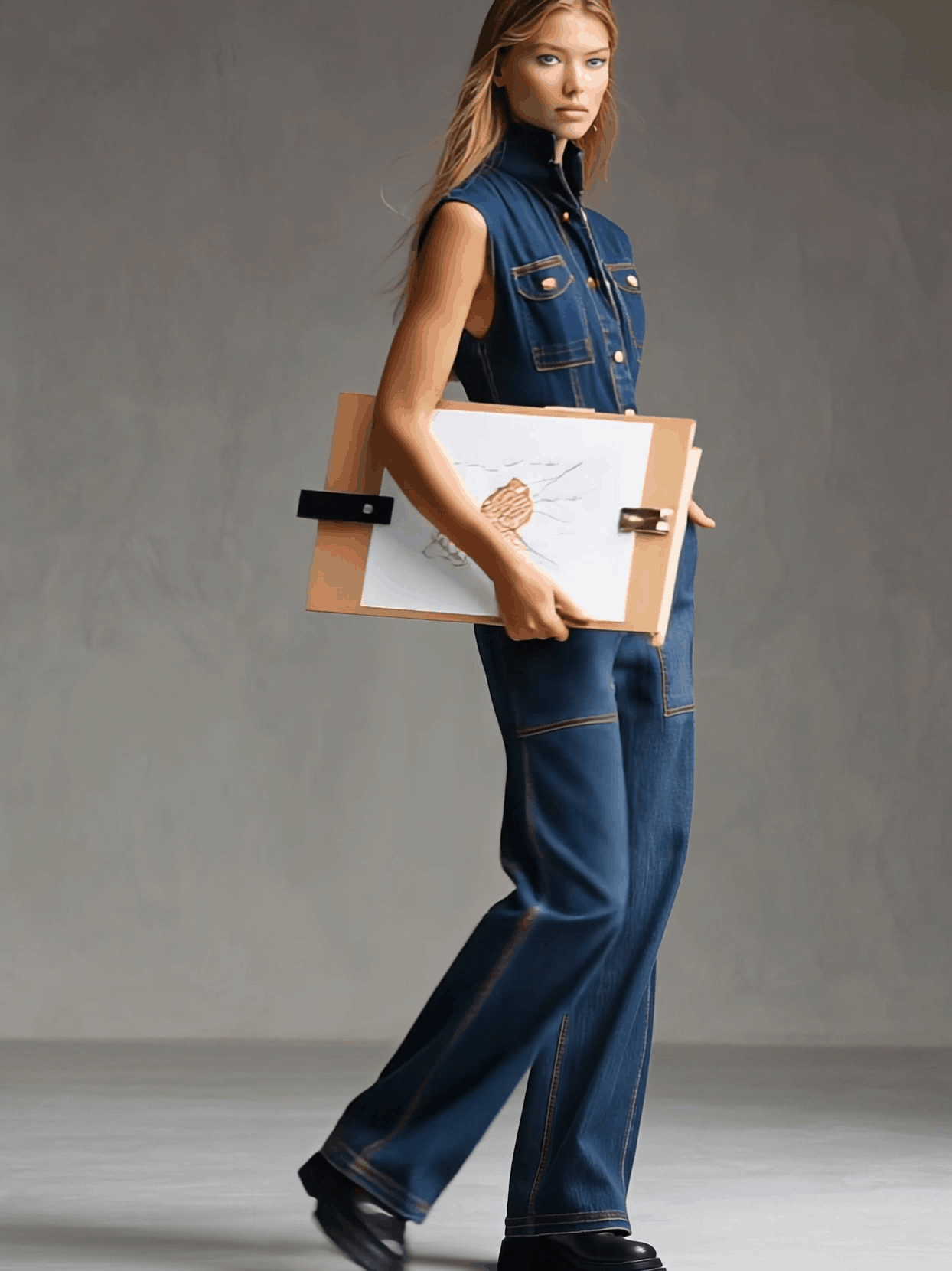 Dark blue denim sleeveless balloon jumpsuit with multiple pockets, designed for women, featuring a relaxed fit and stylish silhouette.