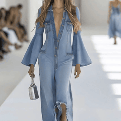 Light blue denim flared jumpsuit with long sleeves and wide-leg pants, stylish women's outfit from My Store.