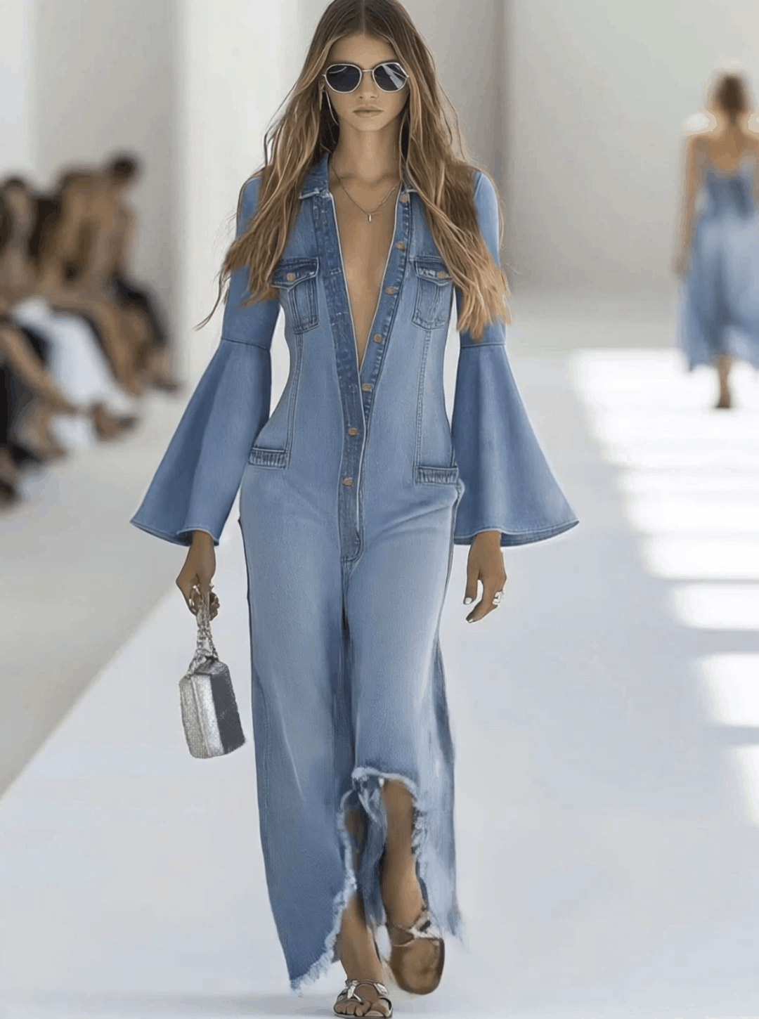 Light blue denim flared jumpsuit with long sleeves and wide-leg pants, stylish women's outfit from My Store.