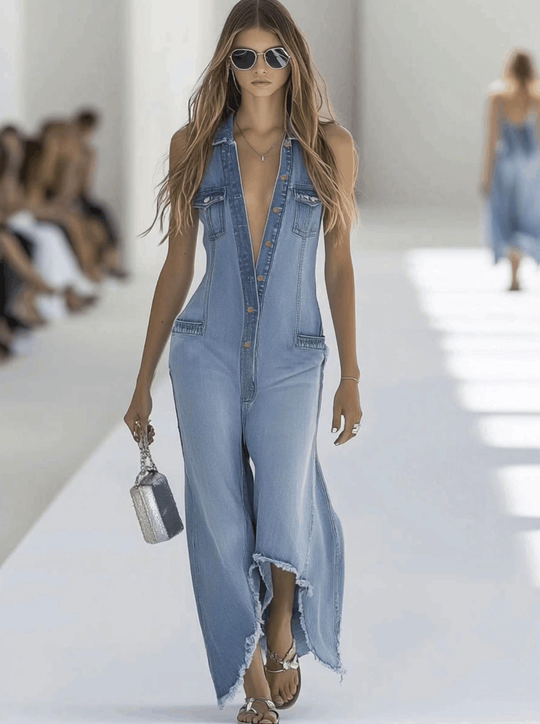 Light blue denim sleeveless wide-leg jumpsuit with raw edges, designed for women, showing the full length of the stylish pants.