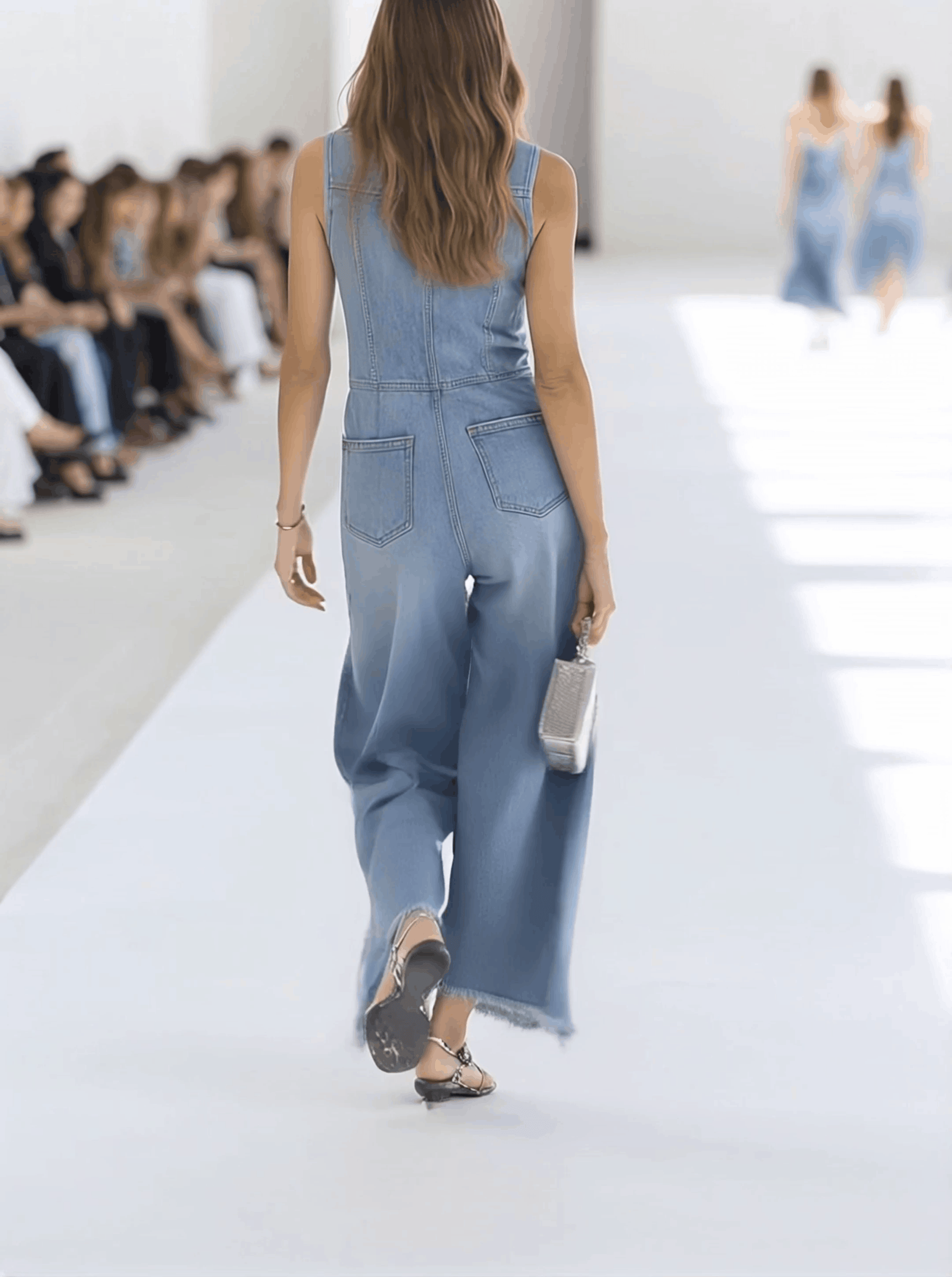 Light blue denim sleeveless jumpsuit with raw edges and wide-leg design, perfect for women, by My Store.