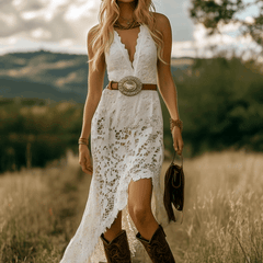 White lace maxi dress from My Store, casual long dress with delicate lace details, flowing silhouette, perfect for summer occasions.