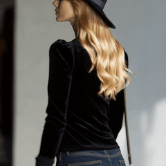 Black velvet lace long sleeve blouse for women, featuring intricate lace details and a fitted design.