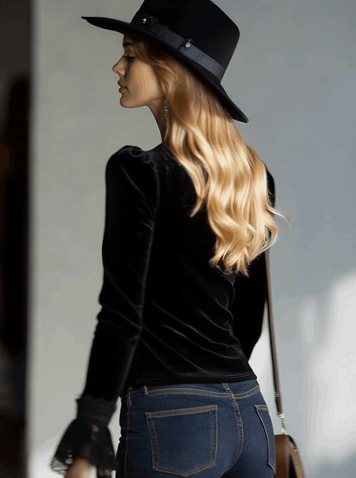 Black velvet lace long sleeve blouse for women, featuring intricate lace details and a fitted design.