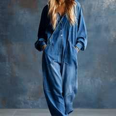 Blue denim hooded jumpsuit with button-front long sleeves, designed for women, from My Store.