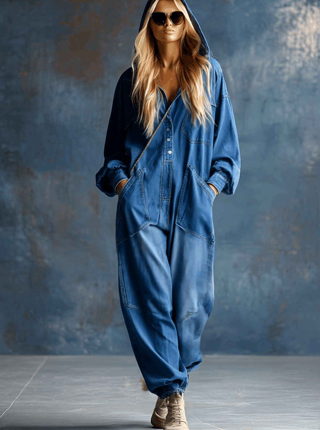 Blue denim hooded jumpsuit with button-front long sleeves, designed for women, from My Store.