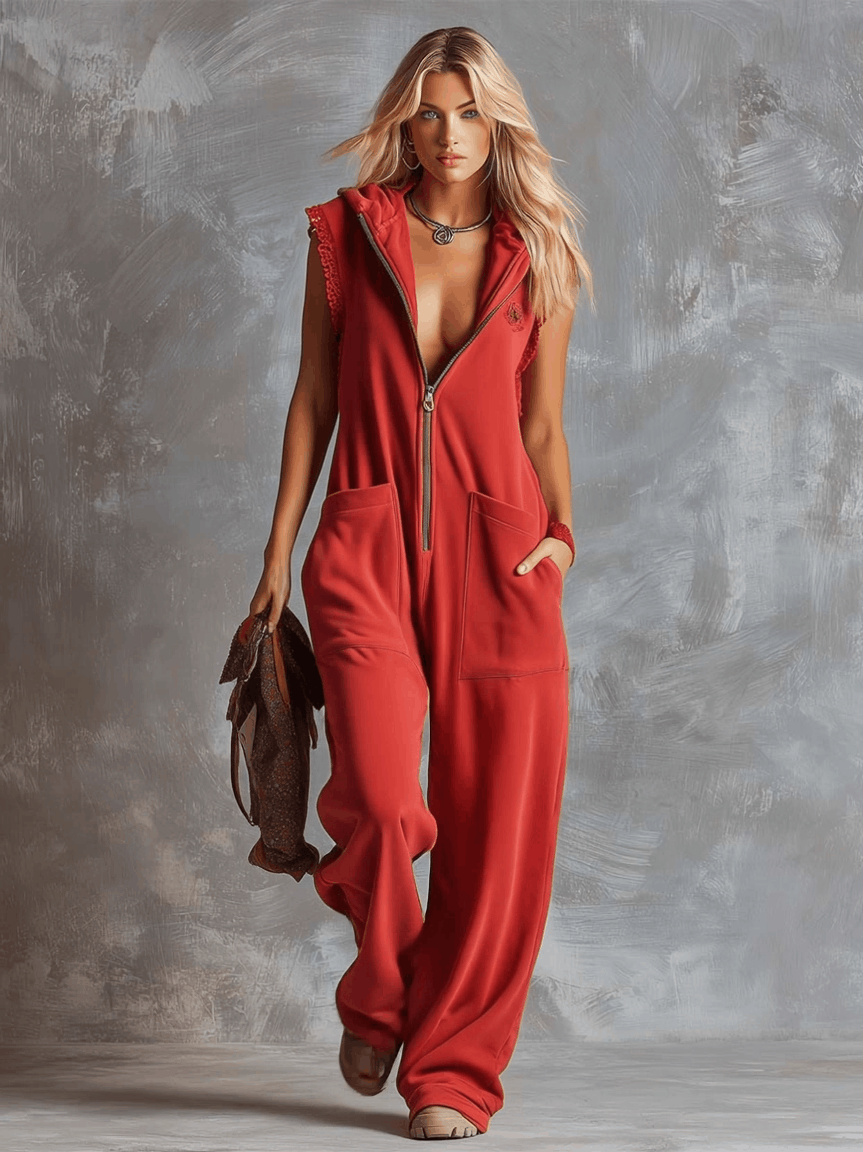 Raspberry red cotton hooded zip-front jumpsuit for women, featuring a comfortable fit and stylish design.