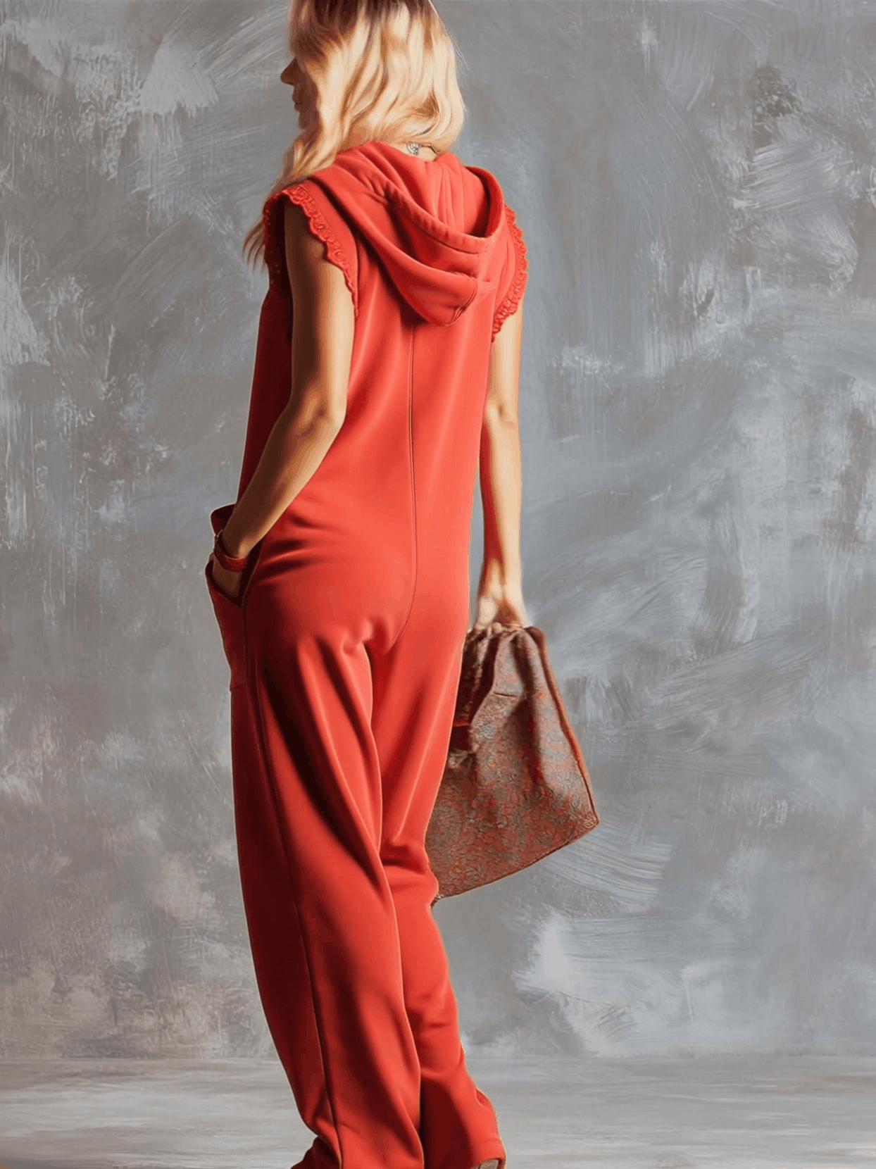 Raspberry red cotton hooded zip-front jumpsuit for women, featuring a comfortable fit and stylish design.