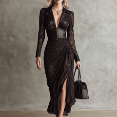 Red faux leather maxi dress from My Store featuring a sleek evening dress design with a fitted bodice and flowing skirt.