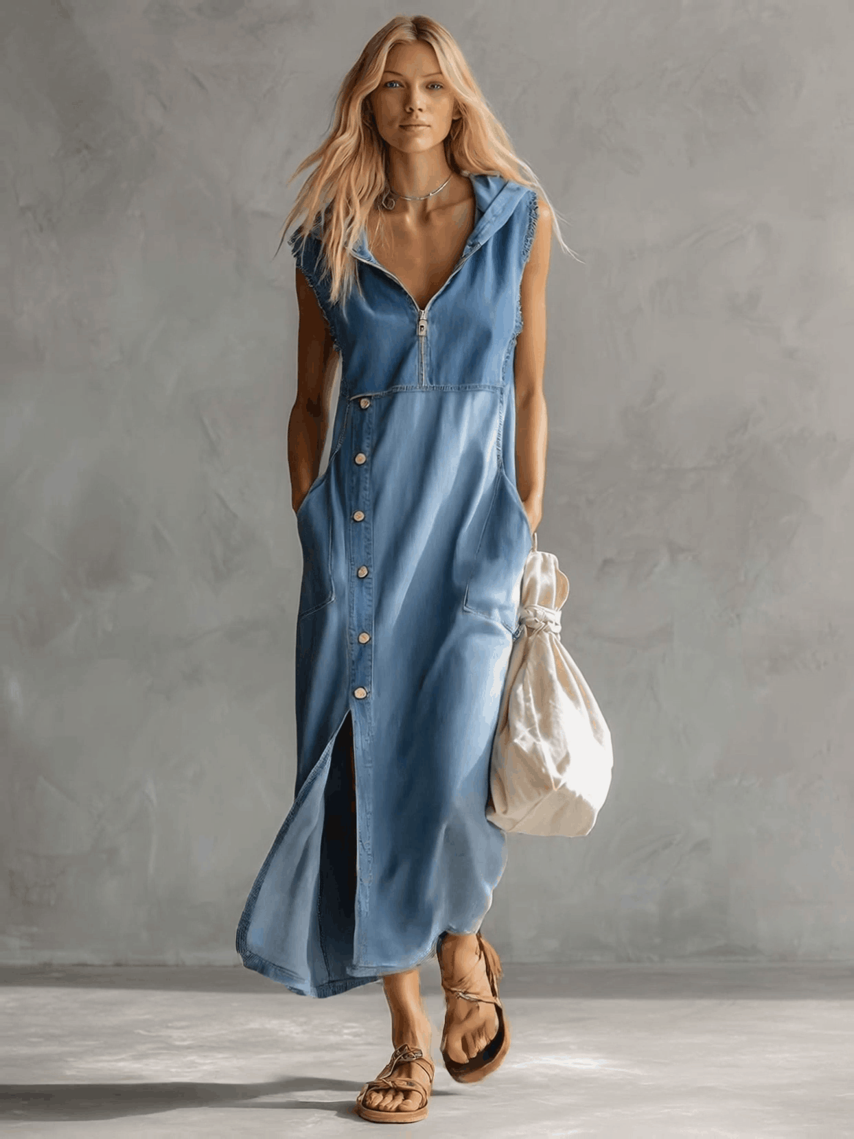 Blue denim V-neck midi dress from My Store, casual dress with a relaxed fit and stylish silhouette, shown on a model.